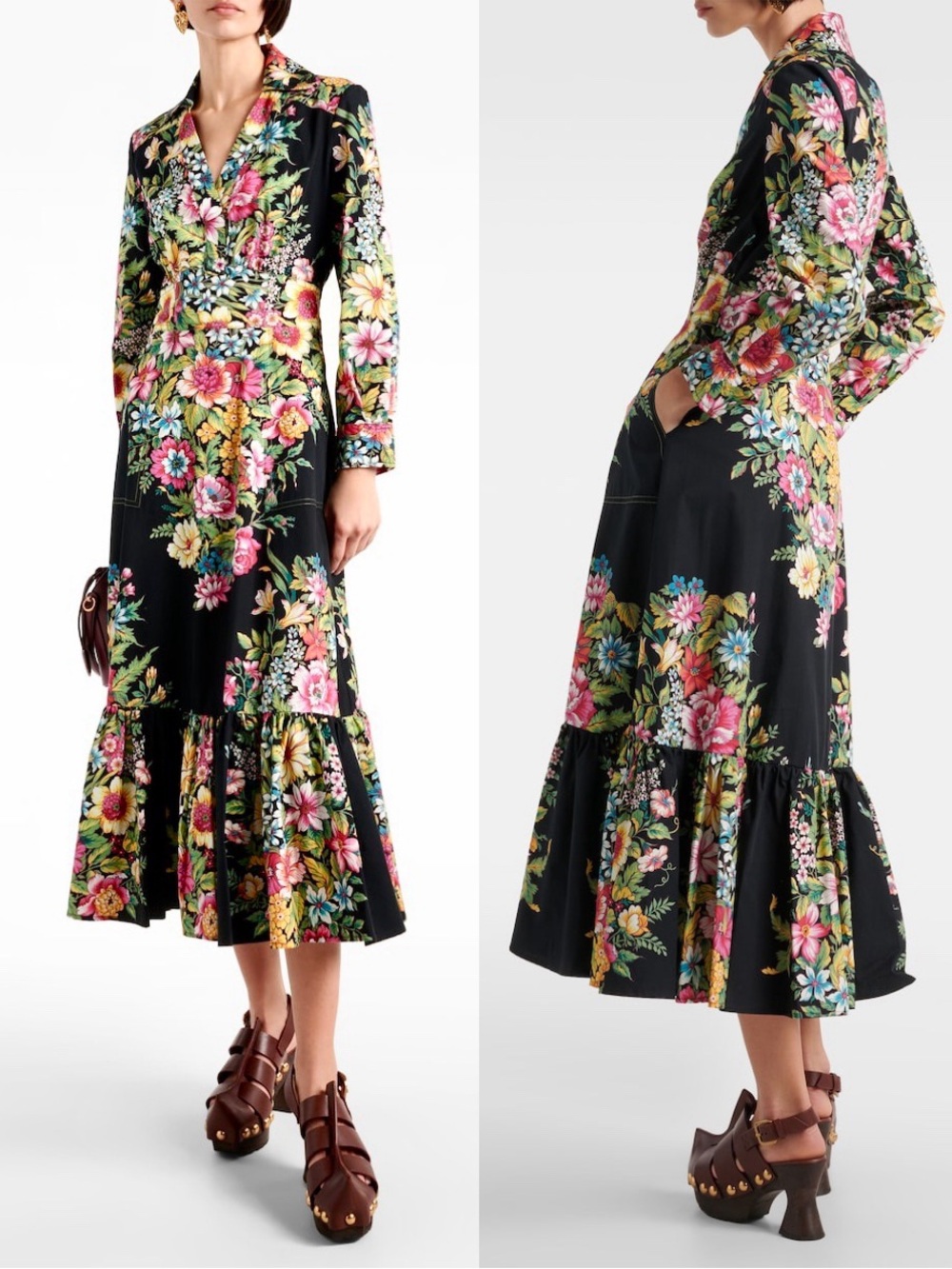 Etro Floral Print Long Sleeve Midi Dress Black US 0 IT 36 NWT Cotton